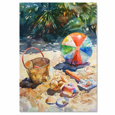Watercolor Beach Scene with Colorful Ball, Shells, Rusty Bucket, Spade, and Tropical Foliage in the Background on Ready to Hang 1.5" Thick Canvas Wrap, Floating Framed Canvas, Flat Rolled Canvas